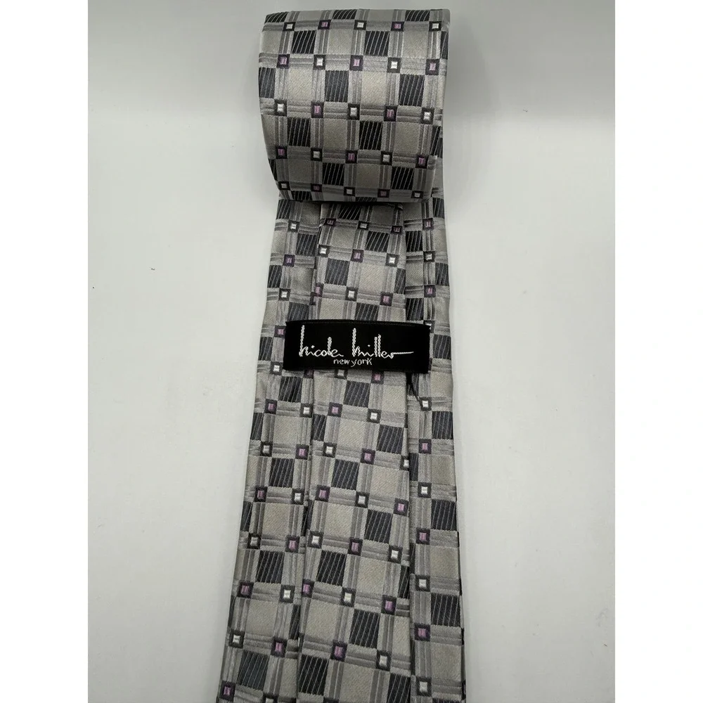 Nicole Miller Col. Men Grey Black Purple‎ Geometric Grid Woven Classic Necktie